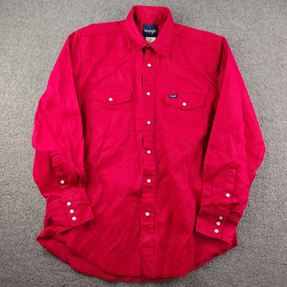 Wrangler Pearl Snap Shirt Men Large Red Western Large Heavy 100% Cotton Workwear